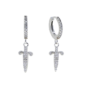 Hip hop silver sword drop earrings with sparkling cubic zirconia pavé for men