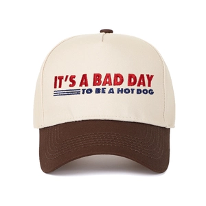 Detail of red and blue embroidery text on two-tone cotton twill baseball cap