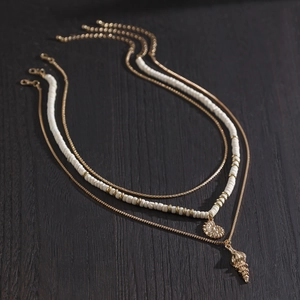 Mens bohemian multi-layer gold chain necklace with coconut beads and shell pendants