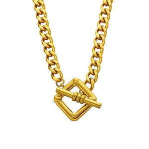 Chunky gold chain link necklace with a minimalist toggle OT clasp on white background
