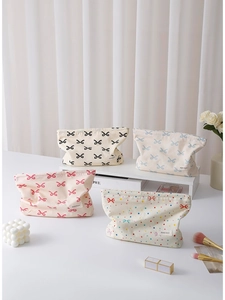 Fresh Sweet Bowknot Print Canvas Makeup Bag Cotton Portable Zipper Travel Cosmetic Organizer Clutch For Girls Women