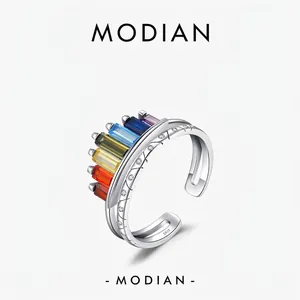 925 Sterling Silver Rainbow Crown Open Ring For Women Adjustable Colorful Zirconia Inlaid Korean Style Fine Jewelry Finger Ring Gift