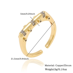 Detail view of adjustable gold flower ring showing dimensions and zircon copper material