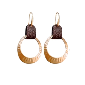Bohemian oversized leather and gold hammered metal hoop earrings with vintage brown grain
