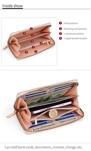 Detailed internal structure of a pink PU leather wallet with multiple card slots and pockets