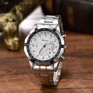 Detailed close-up of a luxury men's quartz watch with silver steel band and white dial