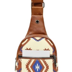 Close-up of bohemian canvas crossbody bag with geometric patterns and leather trim