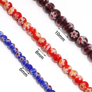 Detailed comparison of 6mm, 8mm, and 10mm millefiori glass beads with floral patterns