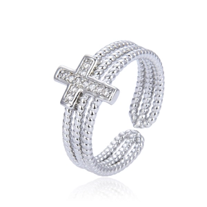 Silver multi-layer cross open ring with cubic zirconia stones for women