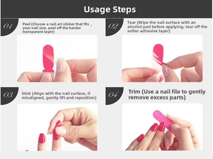 Four-step tutorial showing how to apply pink floral nail stickers with a nail file
