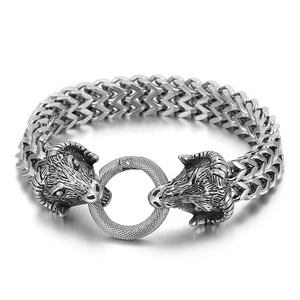 Vintage silver double ram head woven titanium steel bracelet for men in retro style