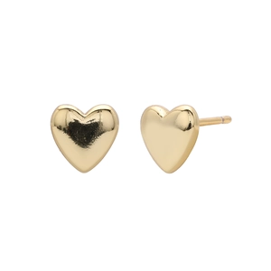 Macro detail of polished gold heart-shaped stud earrings showing surface and back post