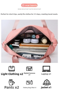 Top view of pink travel bag with large interior capacity for clothes and electronics