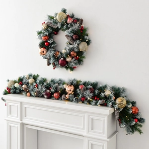 135cm snowy Christmas garland and wreath set with LED lights, pine cones, and red berries