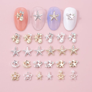 Hollow Star Moon Shell Nail Art Decorations Alloy Metal Charms With Rhinestones And Artificial Pearls DIY Manicure Accessories Luxury