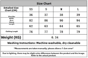 Detailed size chart for women's bow jumpsuit with measurements in centimeters and washing guide