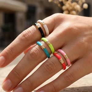 18K Gold Plated Copper Colorful Enamel Open Ring For Women Minimalist Drip Oil Geometric Zirconia Adjustable Finger Ring
