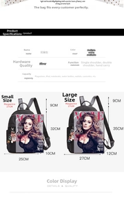Size comparison chart for high-grade Oxford cloth backpacks showing small and large dimensions