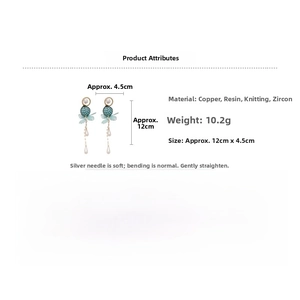 Detail specifications of floral pearl earrings with blue knit balls and zircon accents