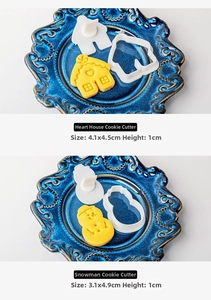 Detail of heart house and snowman cookie cutters with exact dimensions for baking