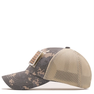 Detail of digital camouflage baseball cap with breathable mesh and tactical patch area