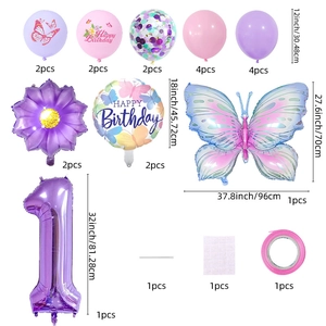 Purple butterfly birthday balloon set with flower foil balloons and number 1 for girls