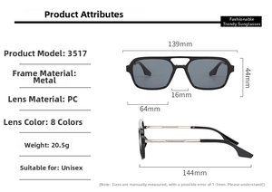 Detailed dimensions of double-bridge square sunglasses with metal frame and PC lenses