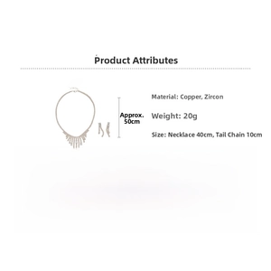 Detail view of zircon square tassel necklace and earrings set with 20g copper material