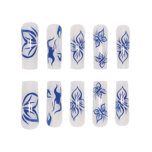 Blue butterfly and silver glitter long square press-on nails with Y2K flame art