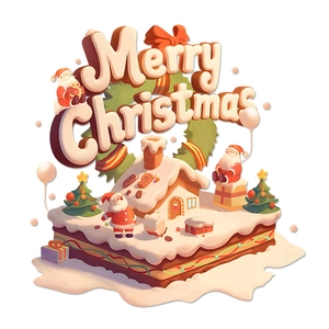 Sticker de fenêtre 3D Merry Christmas avec Père Noël, maison de neige et sapins
