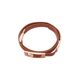 Vintage brown leather wrap bracelet with stylish rose gold metal buckle on white background