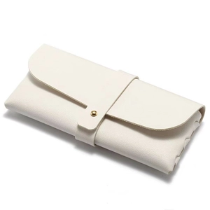 Minimalist white leather glasses pouch with litchi texture and gold metal button closure