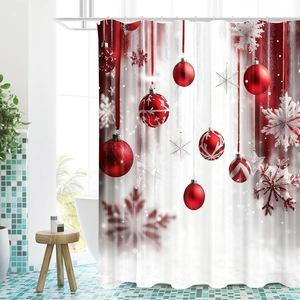 Tenda da doccia natalizia con palline rosse e fiocchi di neve per un bagno moderno e festivo