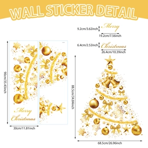 Detailed dimensions of golden Christmas tree wall sticker with snowflakes and stars