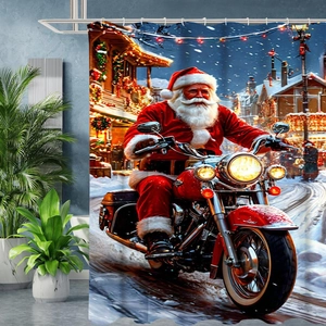 Detail of Christmas shower curtain featuring Santa on a motorcycle with silver hanging rings