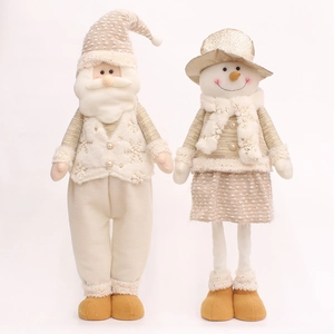 Pair of 80cm telescopic Christmas dolls in beige and gold plush with snowflake embroidery