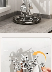 Rotating stainless steel kitchen utensil rack with 6 hooks and drip tray base detail