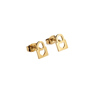 Gold-plated titanium steel padlock stud earrings with heart cutout on white background