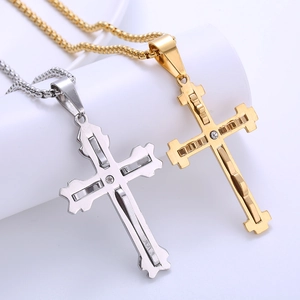 Hip hop stainless steel cross necklaces with single rhinestone in gold and silver finish