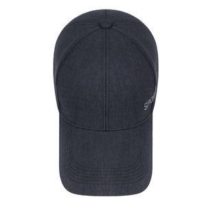 Men's navy blue embroidered baseball cap with extended brim and denim canvas texture