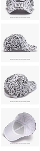 Detailed views of graffiti print baseball cap with metal buckle and street style patterns