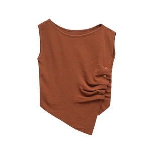 Women's summer rust red knit sleeveless top with asymmetric hem and side buttons detail