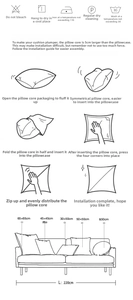 Size guide and installation instructions for tulip embroidered sofa cushion covers