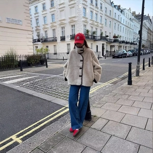 Damen Kunstpelz Jacke Sherpa Fleece Stehkragen Kontrastpaspel Knöpfe Locker Lässig Herbst Winter Warme Oberbekleidung