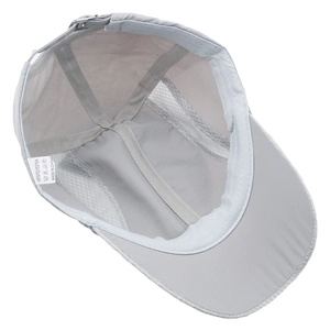 Detail showing inner breathable mesh and reinforced seams of the gray polyester sports cap