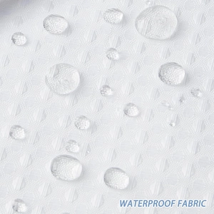 Macro detail showing water droplets beading on white waffle fabric shower curtain