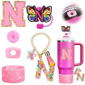Pink accessory set with letter N charm, resin butterfly straw cover and tassel for cup
