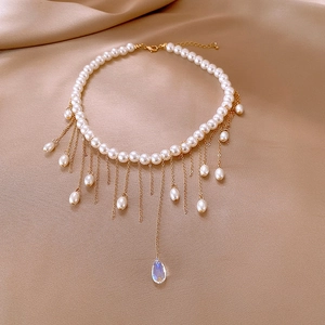French retro pearl tassel necklace with gold chains and teardrop crystal pendant