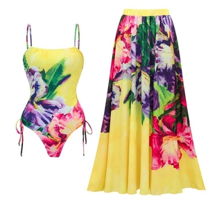 Women One Piece Swimsuit And Maxi Skirt Floral Print Yellow Halter Neck V Neck Beachwear Vacation Bathing Suit