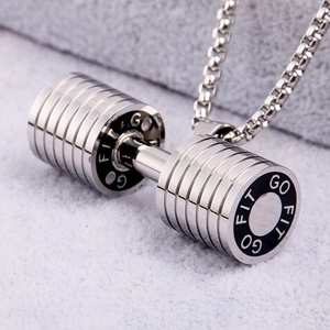Polished stainless steel dumbbell pendant necklace with GO FIT engraving on silver metal